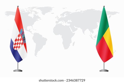 Croatia and Benin flags for official meeting against background of world map.