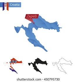 Croatia blue Low Poly map with capital Zagreb, versions with flag, black and outline. Vector Illustration.