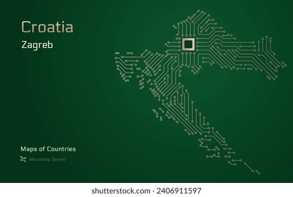 Croatia Blue Map with a capital of Zagreb Shown in a Microchip Pattern. E-government. World Countries vector maps. Microchip Series	
