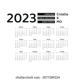 Croatia calendar 2023. Week starts from Monday. Vector graphic design. Croatian language.