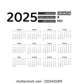 Calendario de Croacia 2025. La semana comienza el lunes. Diseño gráfico vectorial. Idioma croata.