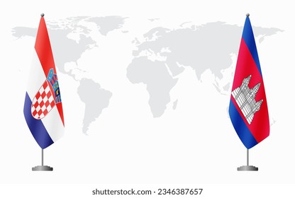 Croatia and Cambodia flags for official meeting against background of world map.
