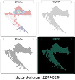 Croatia Circular Mosaic Brick Dotted Map, Set of National Flag Color, Black Silhouette Country Boundary Isolated on White Background, Geographic Vector Illustration