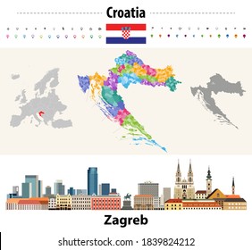 Croatia colored map consiting of counties and  municipalities. Flag of Croatia. Zagreb cityscape. Vector illustration