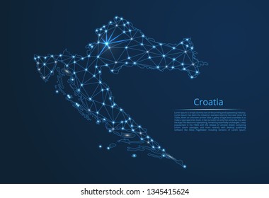 Croatia communication network map. Vector low poly image of a global map with lights in the form of cities in or population density consisting of points and shapes in the form of stars and space.