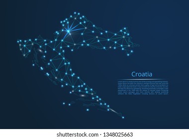 Croatia communication network map. Vector low poly image of a global map with lights in the form of cities in or population density consisting of points and shapes in the form of stars and space.