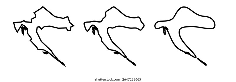 As silhuetas do contorno preto do país da Croácia em três níveis diferentes de suavidade. Mapas simplificados. Ícones de vetor isolados no plano de fundo branco.