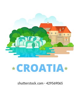 Croatia country design template. Flat cartoon style web site vector illustration. World vacation travel sightseeing Europe European collection. KRKA National Park, Veliki Tabor Castle.