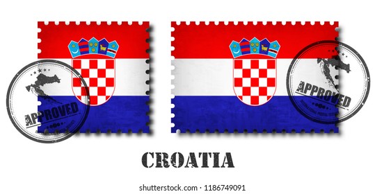 Croatia or croatian flag pattern postage stamp with grunge old scratch texture and affix a seal on isolated background . Black color country name with abrasion . Square and rectangle shape . Vector .