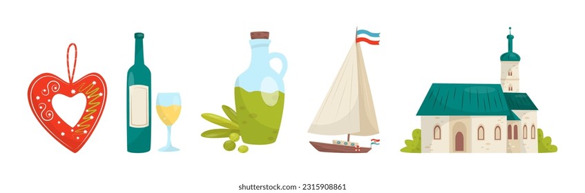 Croatia Cultural Symbols with Wine, Oil, Boat and Building Vector Set