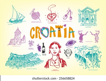 Croatia Culture and Tourist Spots Doodle Handdrawn style images. Vector EPS10 illustration Outline art and Jpg versions.