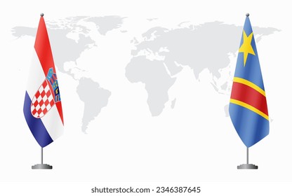 Croatia and Democratic Republic of Congo flags for official meeting against background of world map.
