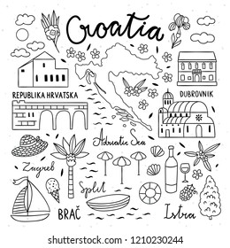 Croatia doodle illustration. Visit Croatia travel symbols: landscapes, architecture and cute elements svg
