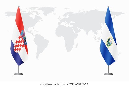 Croatia and El Salvador flags for official meeting against background of world map.