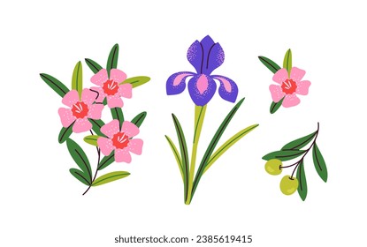 Concepto de elemento de Croacia. Flores y plantas de colores. Vista de un país europeo. Etiquetas para redes sociales y mensajeros. Dibujo vectorial plano de dibujos animados aislado en fondo blanco