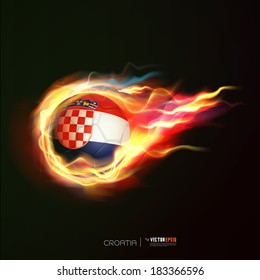 Croatia flag with flying soccer ball on fire isolated black background, vector illustration