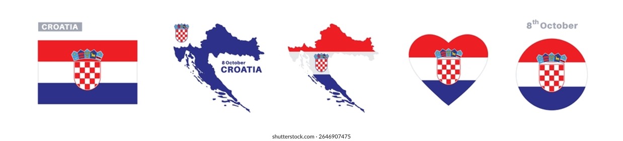 bandeira croácia e conjunto de mapas. bandeira croácia em cores oficiais e proporções. dia da independência 8 de outubro, mapa, círculo e coração em forma croácia