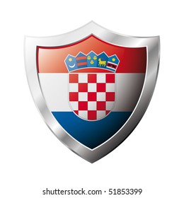 Croatia flag on metal shiny shield vector illustration. Collection of flags on shield against white background. Abstract isolated object.