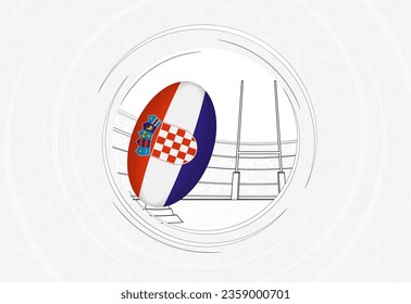 Croatia flag on rugby ball, lined circle rugby icon with ball in a crowded stadium. Vector sport emblem on abstract background.