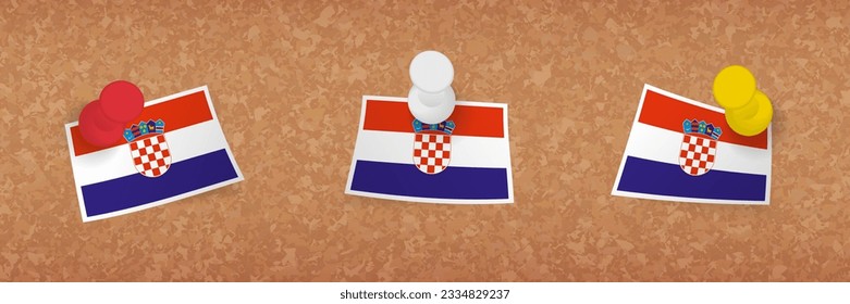 Croatia flag pinned in cork board, three versions of Croatia flag. Vector pushpins and flag set.