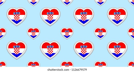 Croatia flag seamless pattern. Vector Croatian flags stickers. Love hearts symbols. Texture for language course, football, sports pages, travel, school, geographic design elements. patriotic wallpaper