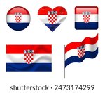 Croatia flag set of icons. Vector flag of Croatia, symbol. Set of Croatian flags - button, waved, heart.