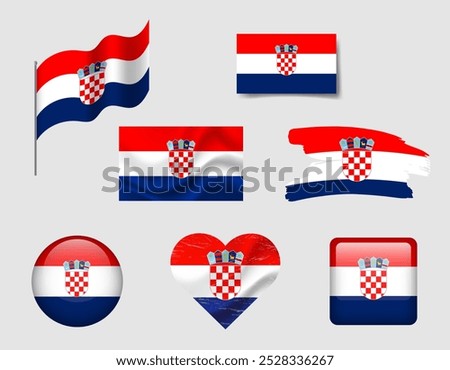 Croatia flag set of icons. Vector flag of Croatia, symbol. Set of Croatian flags brush, button, waved, heart.