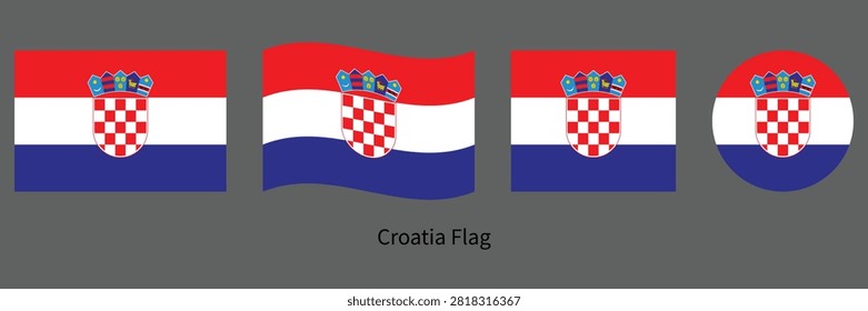 Croatia Flag Set with Waving, Circle and Rectangle Shapes Vector Illustration