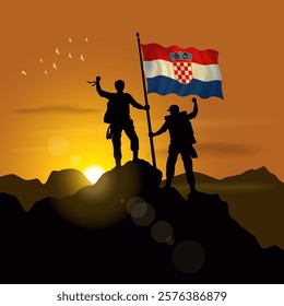 Croatia flag, silhouette of two climbers holding flags at sunset