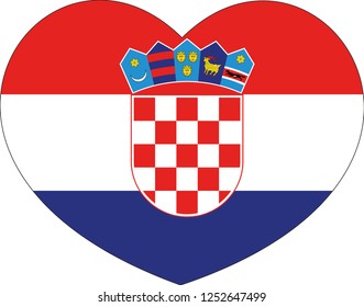 Bandera de Croacia, vector, forma cardíaca, pegatina. Bandera nacional de la República de Croacia con escudo de armas.