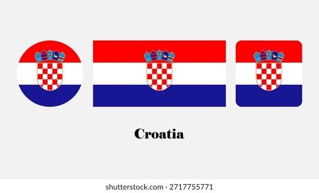 Vektor-Set für Kroatien. Kroatien Kreis, Standard und einfache Flagge mit genauen Farben und die ikonischen rot-weißen Schachbrettwappen. Kroatienflagge auf weißem Hintergrund