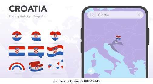 Croatia flags set. Mobile map application, Smartphone search. Map and capital city. World ribbon flags. Vector set. Collection of national symbols. Bubble speech, circle, heart, rainbow icons. Zagreb