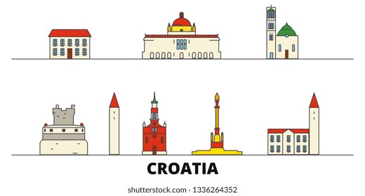 Croatia flat landmarks vector illustration. Croatia line city with famous travel sights, skyline, design. 