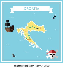 Croatia flat treasure map. Colorful cartoon treasure map of Croatia with flat icons of pirate ship, jolly roger, treasure chest and banner ribbon. Flat design vector illustration.