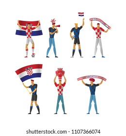 Croatia football fans. Cheerful soccer supporters crowd. vector illustration.