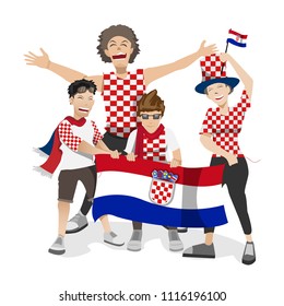 Croatia football fans. Cheerful soccer fans, supporters crowd and Croatia flag.