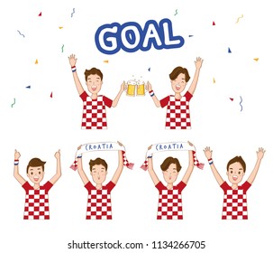 Croatia football fans. world cup.Cheerful, soccer, supporters. characters celebrating.