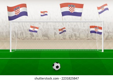 Croatia football team fans with flags of Croatia cheering on stadium, penalty kick concept in a soccer match. Sports vector illustration.