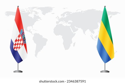 Croatia and Gabon flags for official meeting against background of world map.