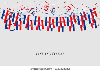 Croatia garland flag with confetti on gray background, Hang bunting for Croatia celebration template banner.