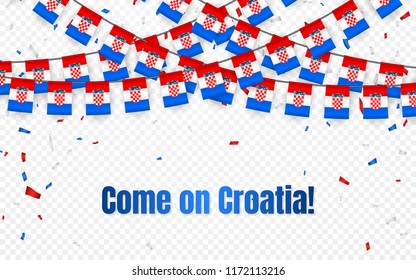 Croatia garland flag with confetti on transparent background, Hang bunting for celebration template banner, Vector illustration.