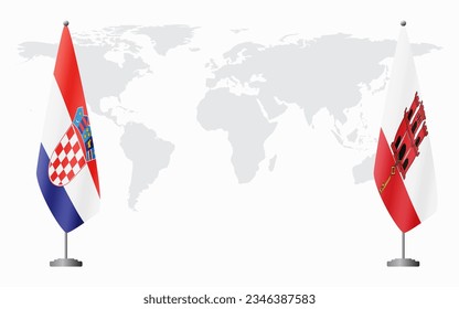Croatia and Gibraltar flags for official meeting against background of world map.