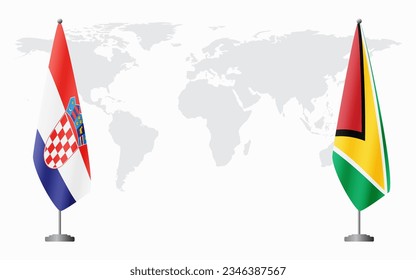 Croatia and Guyana flags for official meeting against background of world map.