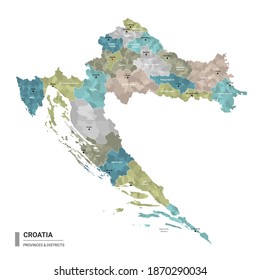 Croatia higt detailed map with subdivisions. Administrative map of Croatia with districts and cities name, colored by states and administrative districts. Vector illustration.