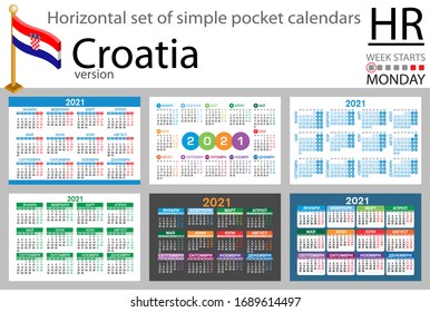 Croatia horizontal set of pocket calendars for 2021 (two thousand twenty one). Week starts Monday. New year. Color simple design. Vector