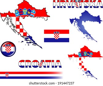 Croatia Icons. Set of vector graphic icons and symbols representing Croatia. The text says 'Croatia' in Croatian.