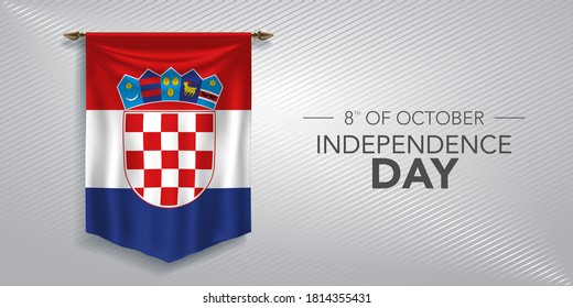 Croatia independence day greeting card, banner, vector illustration. Croatian national day 8th of October background with pennant