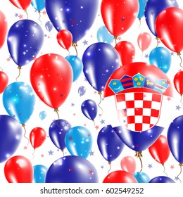 Croatia Independence Day Seamless Pattern. Flying Rubber Balloons in Colors of the Croatian Flag. Happy Croatia Day Patriotic Card with Balloons, Stars and Sparkles.
