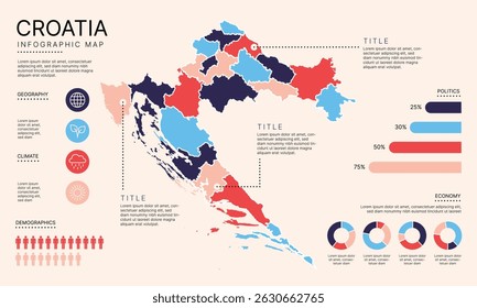 Croatia Infographic Map with separated administrative districts, editable separated layers, zones and data visualization elements. Infographic Map for presentation. Vector illustration