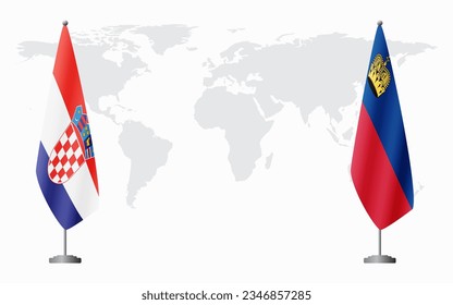 Croatia and Liechtenstein flags for official meeting against background of world map.